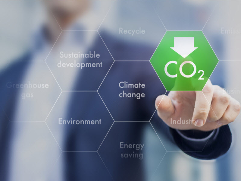 Man touching a CO2 green button, Climate change