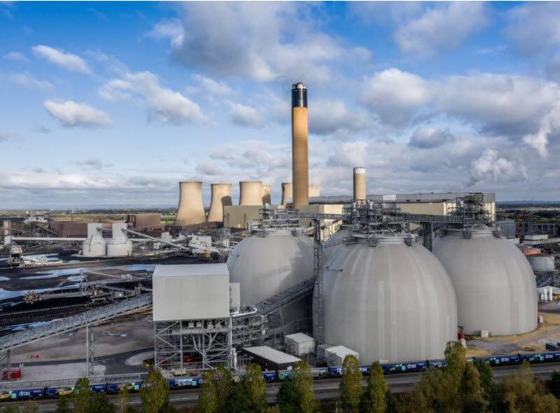 Power Station showing Biomass storage tanks and carbon capture